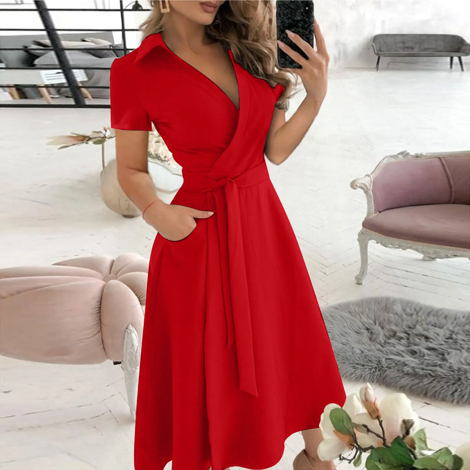 Women'S Red Formal Wear - Женское офисное платье с рюшами, красное,