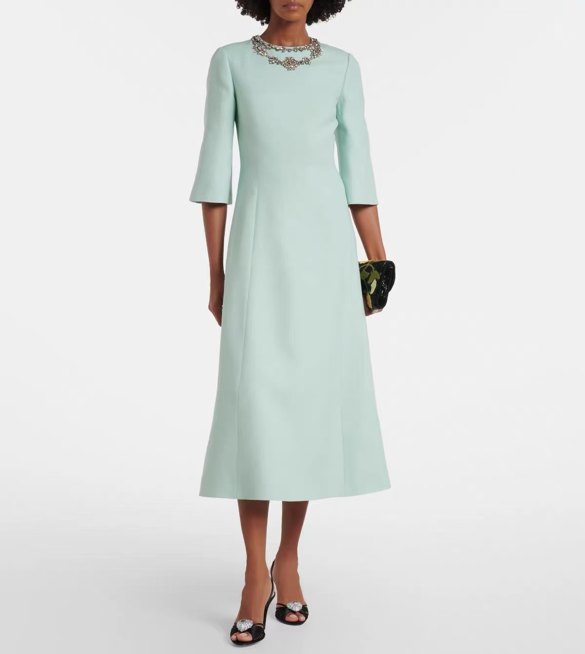 Midi Dress - Премиальное шелково-шерстяное миди-платье мятно-зеленого цвета для