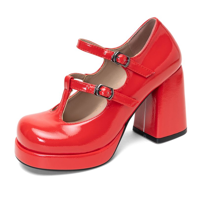 Pump Heel Block - Ретро-туфли женские блестящие с круглым носком,